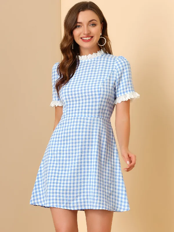 Summer Ruffle Neck Lace Panel Short Sleeve Check Gingham Dress