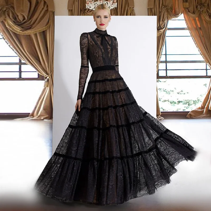 Elegant Black Lace Long Sleeves A-line Evening Dress SF023