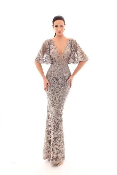 Tarik Ediz - Lace Plunging V-Neck Bat Evening Dress 93640 - 1 pc Cloudy Blue In Size 12 Available