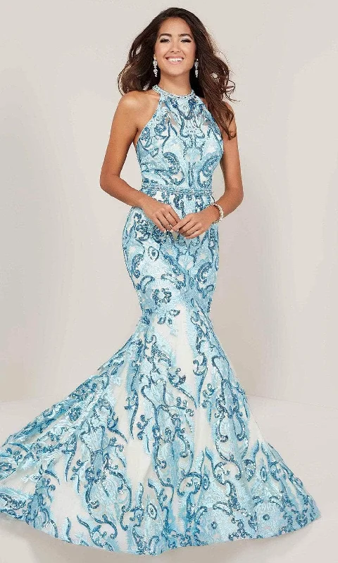 Tiffany Designs - Beaded Lace Halter Mermaid Gown 16336 - 1 pc Sky Blue/Nude In Size 4 Available