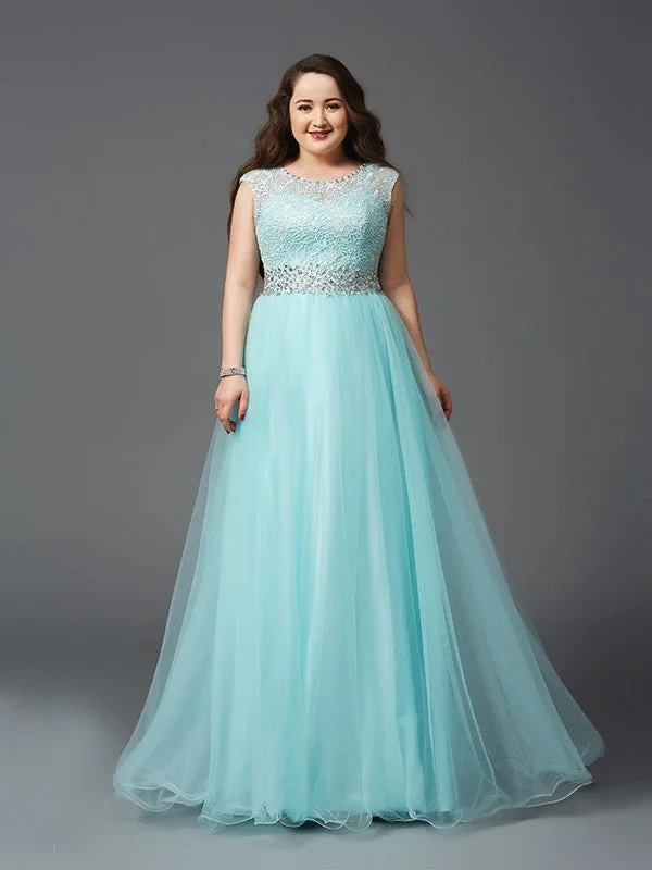 A-Line/Princess Scoop Rhinestone Sleeveless Long Tulle Plus Size Dresses