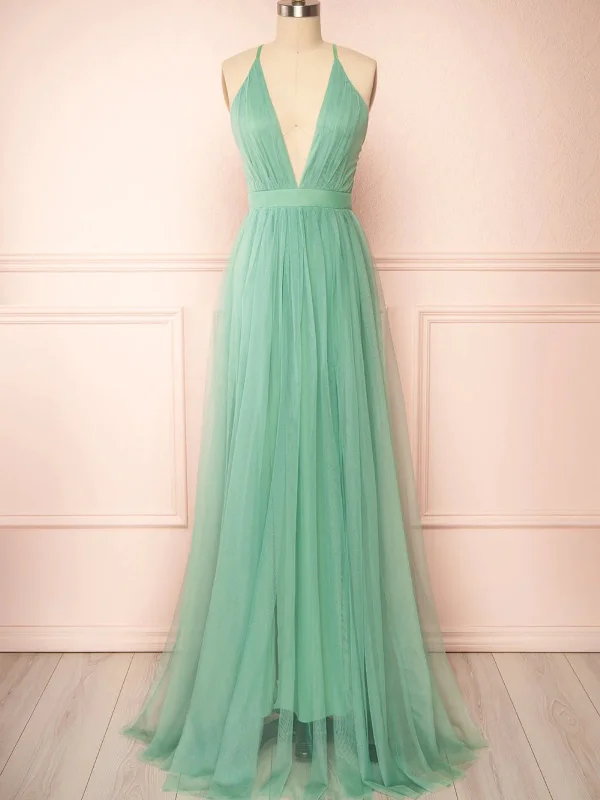 A Line V Neck Open Back Sage Tulle Long Prom Dresses, Backless Sage Formal Graduation Evening Dresses SP2722