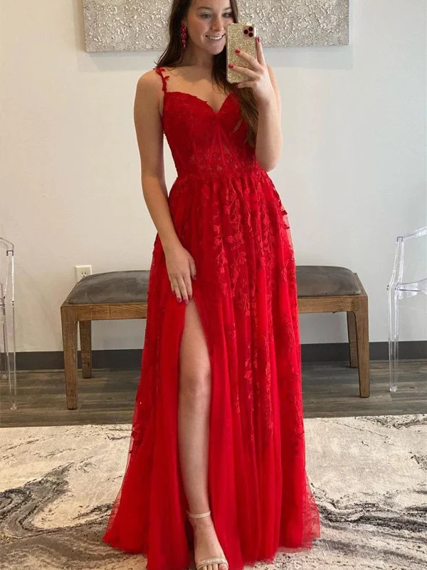 A Line V Neck Red Lace Tulle Long Prom Dresses with High Slit, Floor Length Red Lace Formal Graduation Evening Dresses SP2335