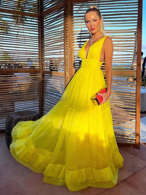 A Line V Neck Yellow Tulle Long Prom Dresses, Long Yellow Formal Graduation Evening Dresses SP2601