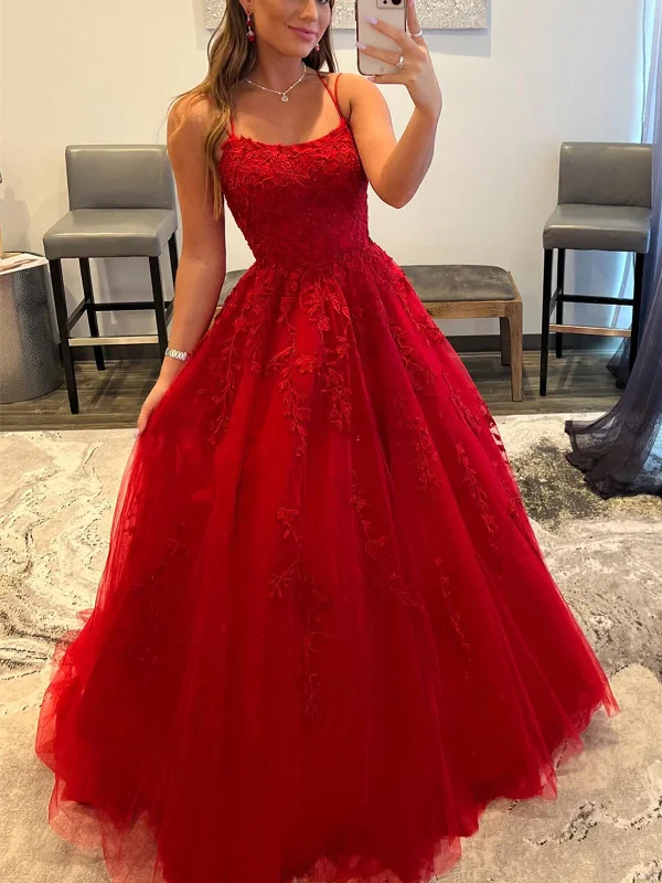 Backless Red Tulle Lace Long Prom Dresses, Red Lace Formal Evening Dresses, Red Ball Gown SP2399