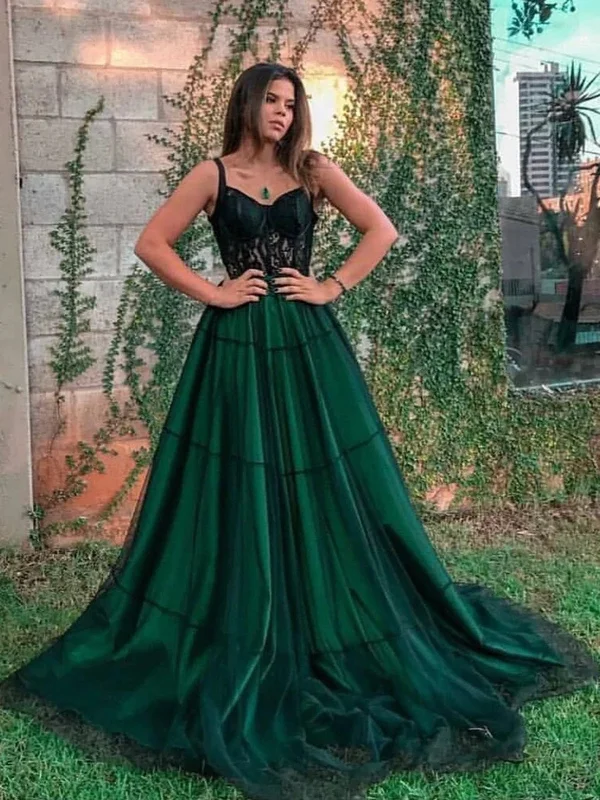 Dark Green Lace Tulle Long Prom Dresses, Dark Green Formal Graduation Evening Dresses with Lace Appliques SP2366