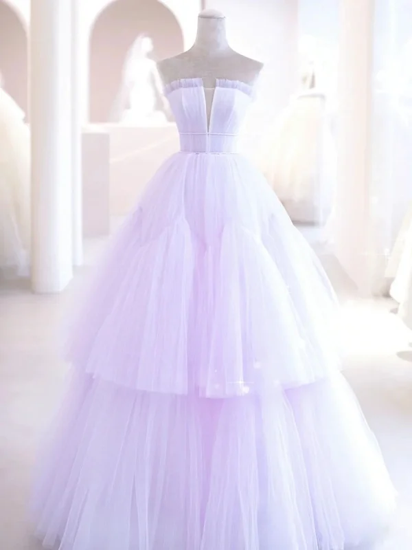 Elegant V Neck Purple Tulle Long Prom Dresses, Strapless Lilac Tulle Formal Evening Dresses, Lavender Ball Gown SP2386