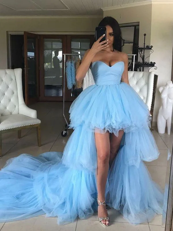 High Low Strapless Light Blue Tulle Long Prom Dresses with Train, High Low Light Blue Formal Evening Dresses