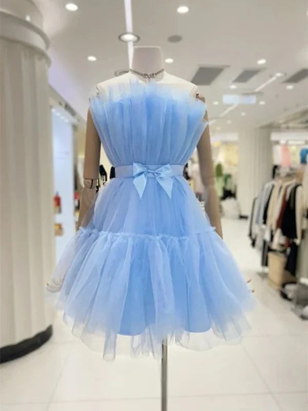 Lovely Short Blue/Burgundy Tulle Prom Homecoming Dresses with Bow, Blue/Burgundy Tulle Formal Graduation Evening Dresses SP2404