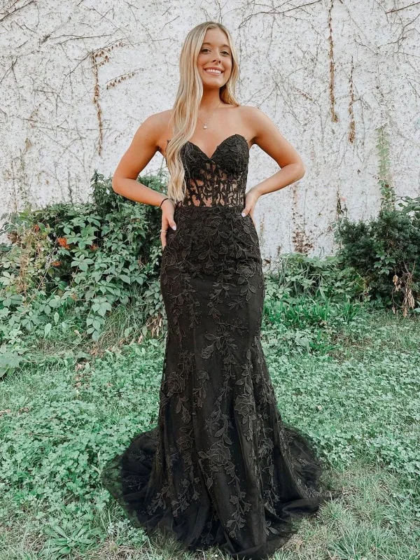 Mermaid Black Lace Long Prom Dresses, Strapless Black Lace Formal Dresses, Black Tulle Evening Dresses SP2221