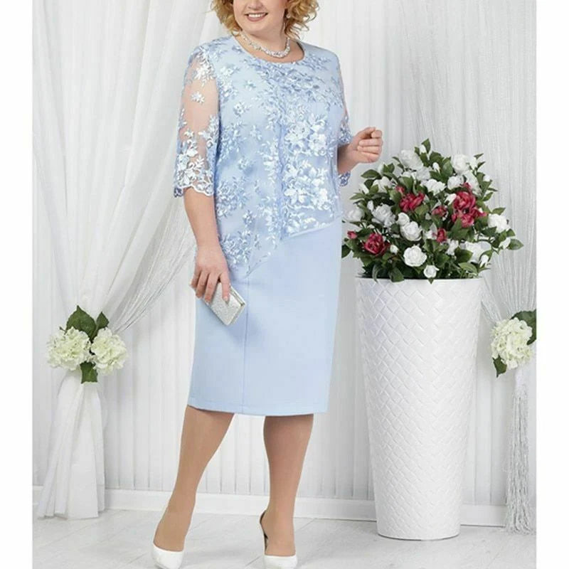 Mother Of The Bride Dress Elegant Plus Size Half Sleeve Lace Spandex Layered Knee Length