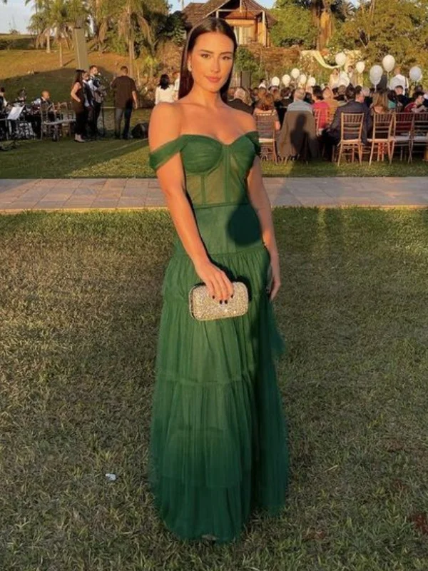 Off Shoulder Green Tulle Long Prom Dresses, Long Green Formal Graduation Evening Dresses SP2658