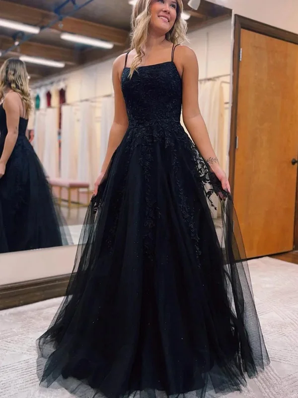 Open Back Black Lace Tulle Long Prom Dresses, Black Lace Formal Dresses, Black Evening Dresses SP2551