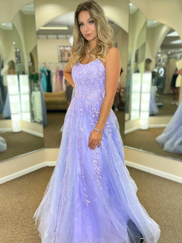 Open Back Purple Lace Tulle Long Prom Dresses, Purple Lace Formal Dresses, Purple Evening Dresses SP2486