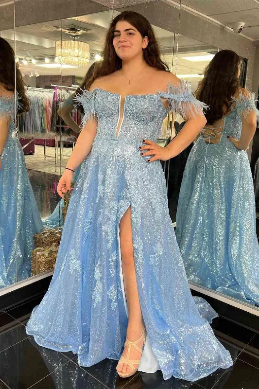 Plus Size Prom Dress A Line Light Feather Slit Long with Appliques