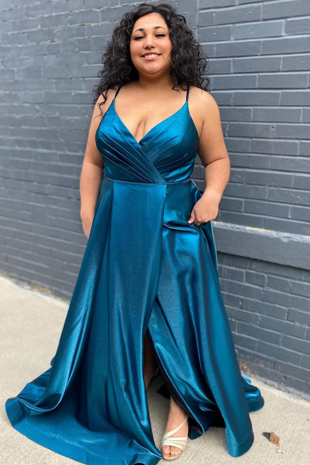 Plus Size Prom Dress Satin Spaghetti Straps Long with Slit