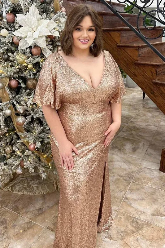 Plus Size Prom Dress Sequin V-Neck Ruffles Long with Slit