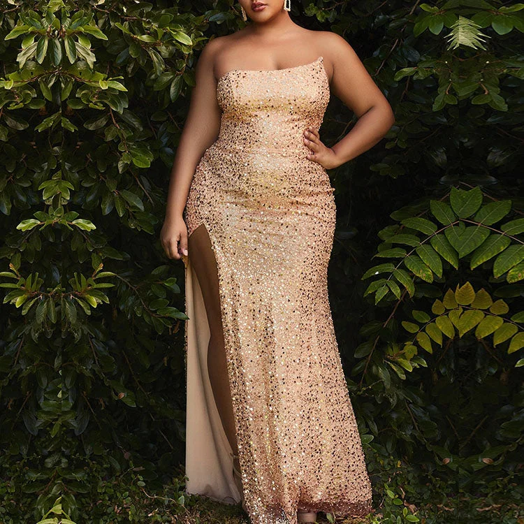 Plus Size Prom Dresses Mermaid Strapless Sequins With Slit