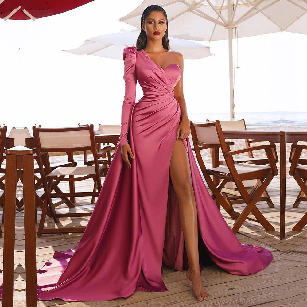 Plus Size Prom Dresses One Shoulder Ruched Bodice Sheath Satin With High Slit