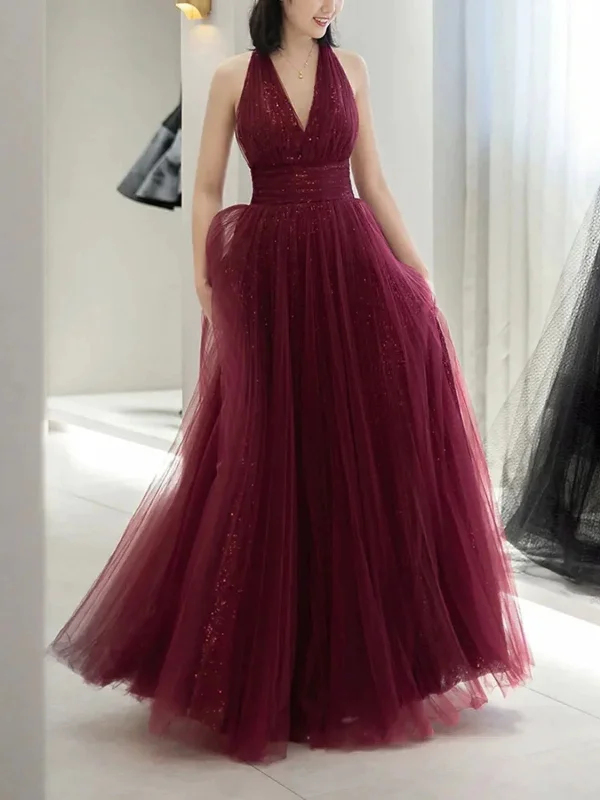 Shiny V Neck Backless Burgundy Tulle Long Prom Dresses, Backless Burgundy Formal Dresses, Burgundy Evening Dresses SP2627