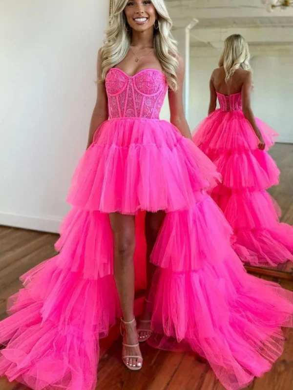 Strapless Layered High Low Hot Pink Tulle Lace Long Prom Dresses, Hot Pink Lace Formal Evening Dresses, High Low Ball Gown SP2594