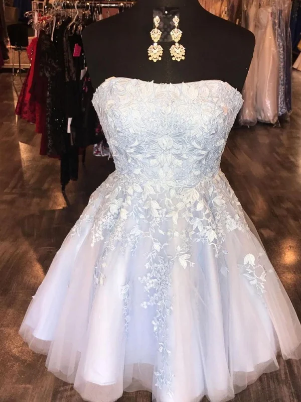 Strapless Light Blue Lace Tulle Short Prom Homecoming Dresses, Light Blue Lace Formal Graduation Evening Dresses SP2413