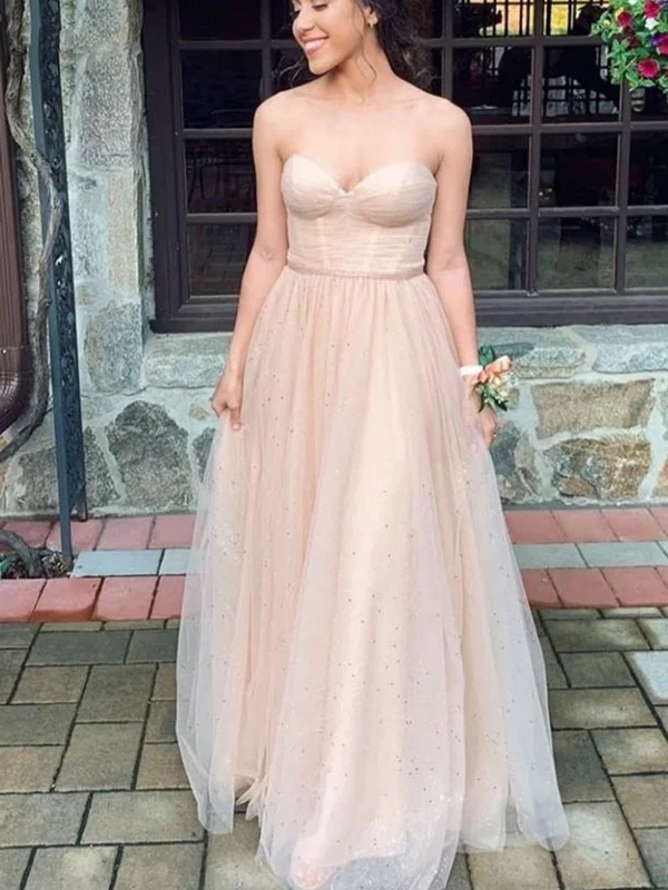 Strapless Sweetheart Neck Champagne Tulle Long Prom Dresses, Long Champagne Formal Graduation Evening Dresses SP2667