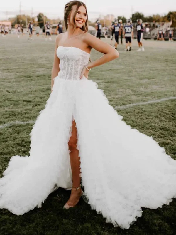 Strapless White Tulle Long Prom Dresses with High Slit, Long White Formal Evening Dresses, Ball Gown SP2626