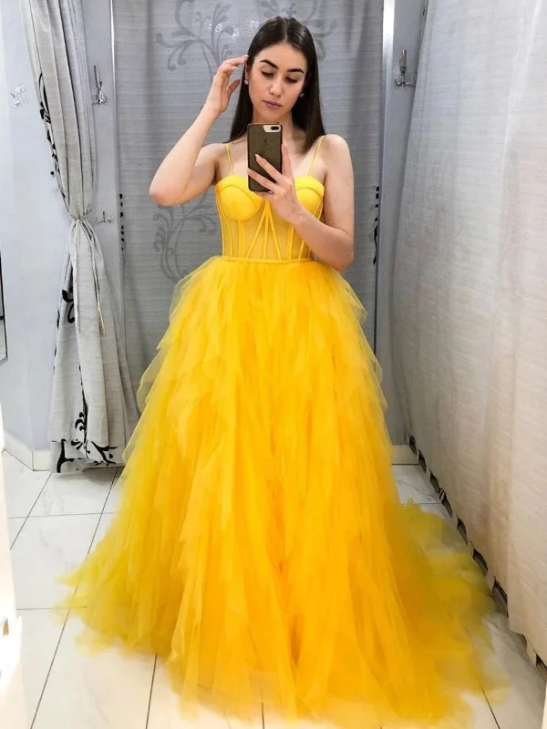 Sweetheart Neck Fluffy Yellow Tulle Long Prom Dresses, Yellow Formal Evening Dresses, Ball Gown SP2663