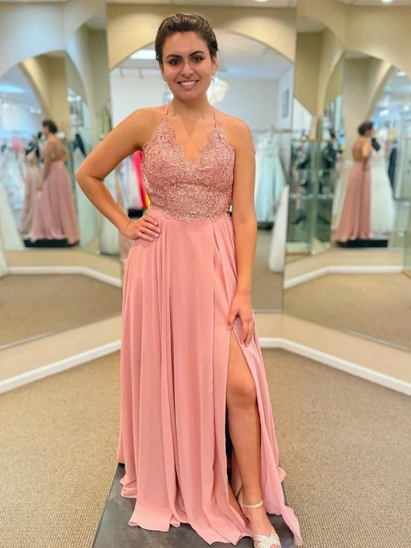 V Neck Backless Pink Lace Long Prom Dresses with Slit, Pink Lace Tulle Bridesmaid Dresses, Pink Formal Graduation Evening Dresses SP2357