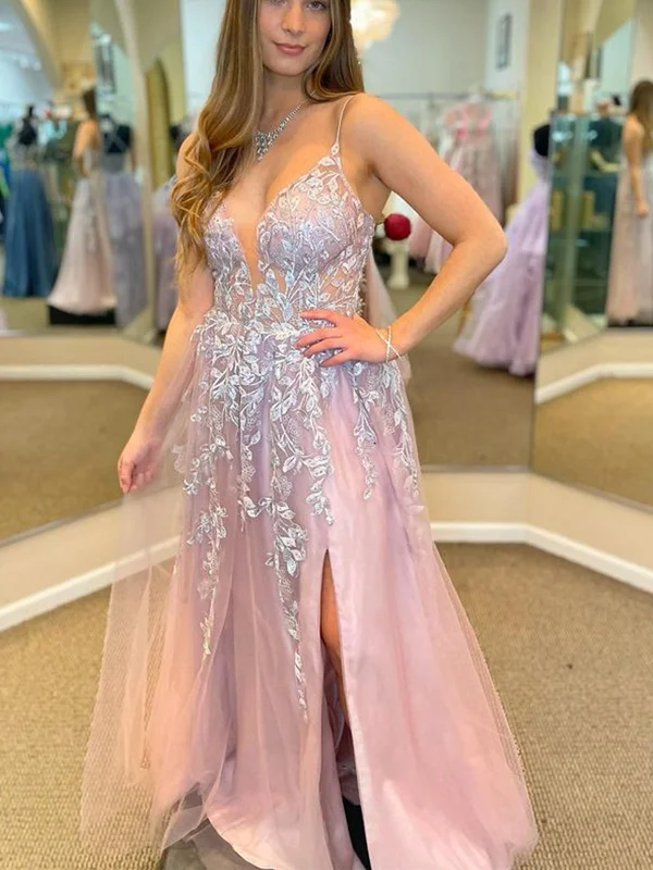 V Neck Backless Pink Long Prom Dresses with Lace Appliques, Pink Lace Formal Dresses, Long Pink Tulle Evening Dresses SP2363