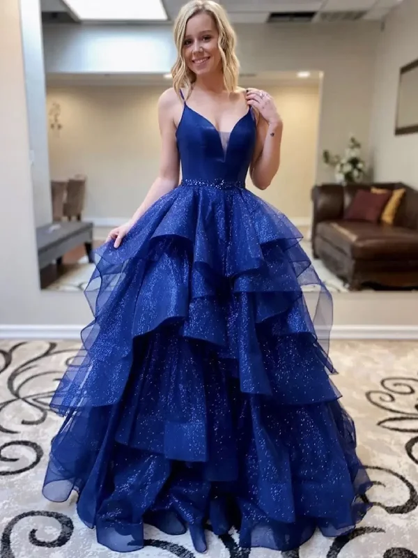 V Neck Blue Tulle Layered Long Prom Dresses with Belt, Long Blue Formal Evening Dresses, Ball Gown SP2524