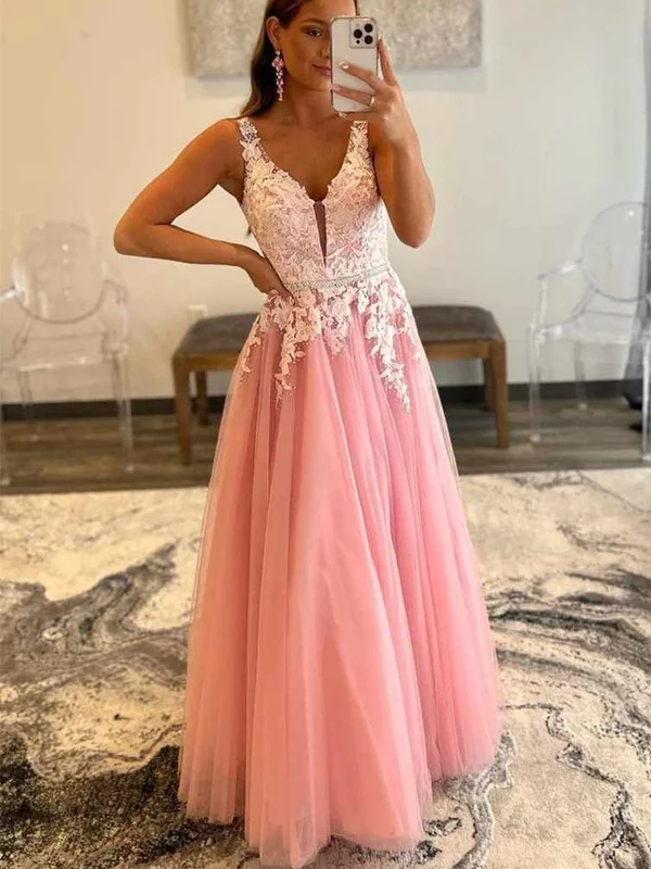 V Neck Open Back Beaded Pink Tulle Lace Long Prom Dresses, Floor Length Pink Formal Graduation Evening Dresses SP2257