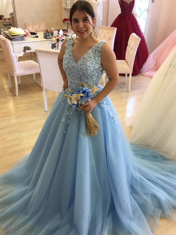 V Neck Open Back Blue Lace Long Prom Dresses, Blue Tulle Formal Dresses, Blue Lace Evening Dresses SP2442