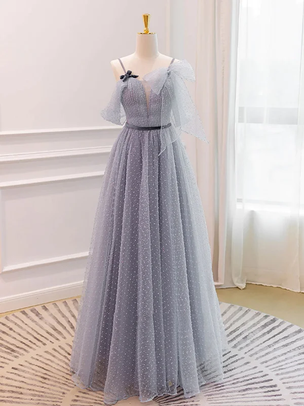 V Neck Open Back Gray Tulle Long Prom Dresses, Long Gray Formal Graduation Evening Dresses SP2634