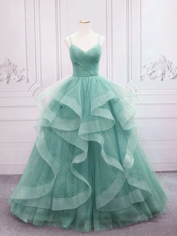 V Neck Open Back Green Tulle Long Prom Dresses, Shiny Green Formal Evening Dresses, Green Ball Gown SP2562