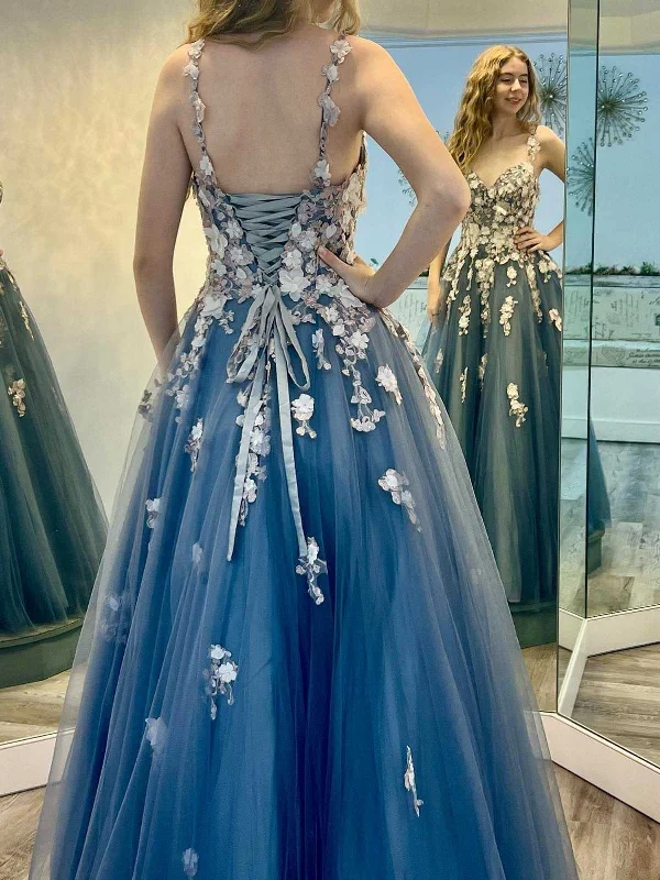 V Neck Smoke Blue Tulle Long Prom Dresses with Appliques, Smoke Blue Formal Evening Dresses SP2580