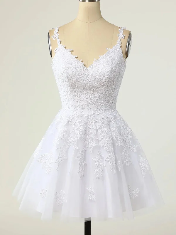 V Neck White Lace Tulle Short Prom Homecoming Dresses, White Lace Formal Graduation Evening Dresses SP2443