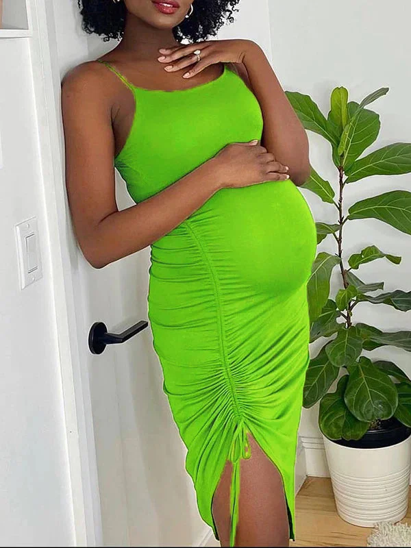 Momyknows Sage Green Slit Drawstring Shirred Ruched Sleeveless Bodycon Smocked Baby Shower Maternity Dress