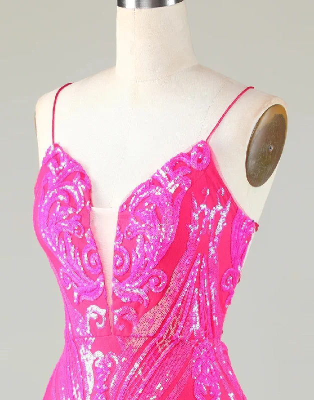 Sparkly Hot Pink Spaghetti Straps Tight Sequins Homecoming Dress